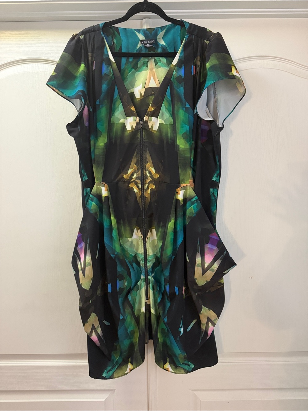 City Chic Black Geometric Midi Dress with Green and Teal Accents